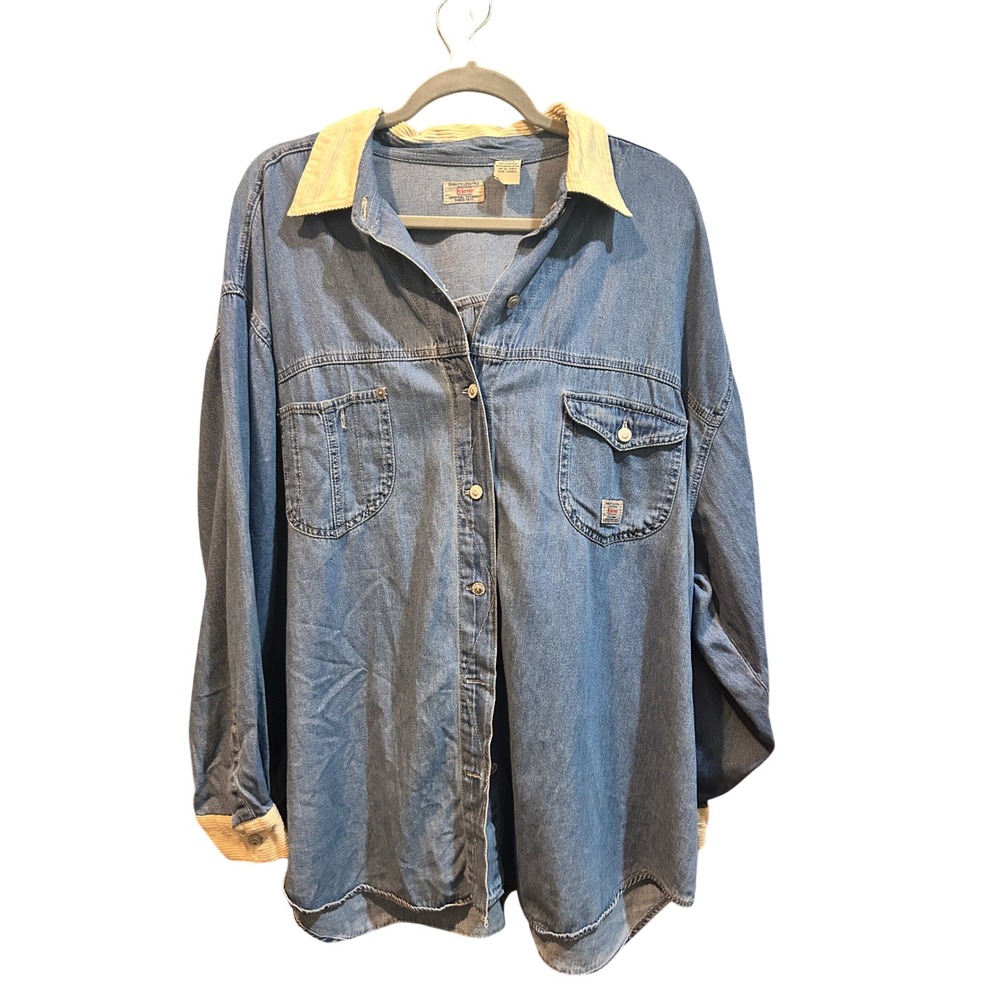 Vintage Kiko Mo Denim Shirt‎ Corduroy Collar Button Up Long Sleeve Womens 24W
